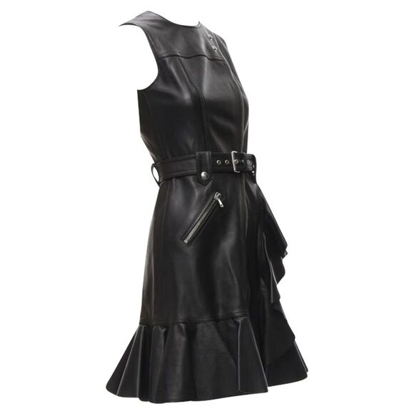 Alexander McQueen leather biker belted ruffle trim dress - Picture 3 of 6